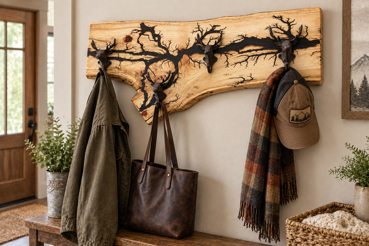 Hickory Coat Rack with Moose Hooks