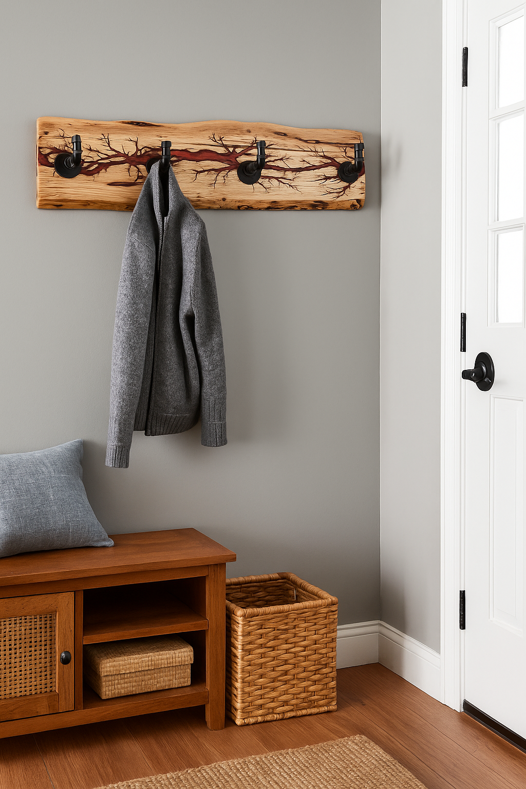 Rustic Hickory 4-Hook Coat Rack