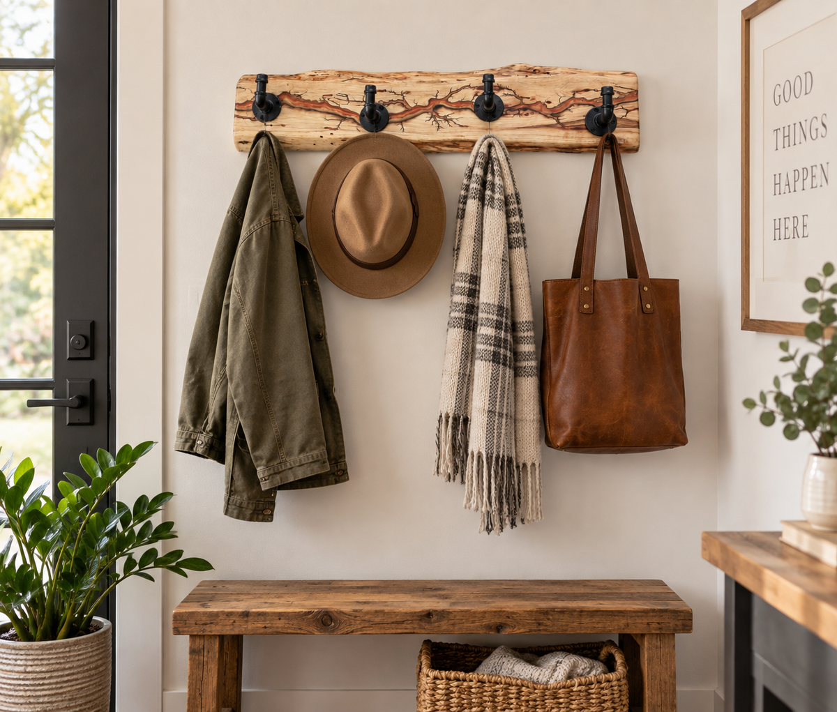 Rustic Hickory 4-Hook Coat Rack