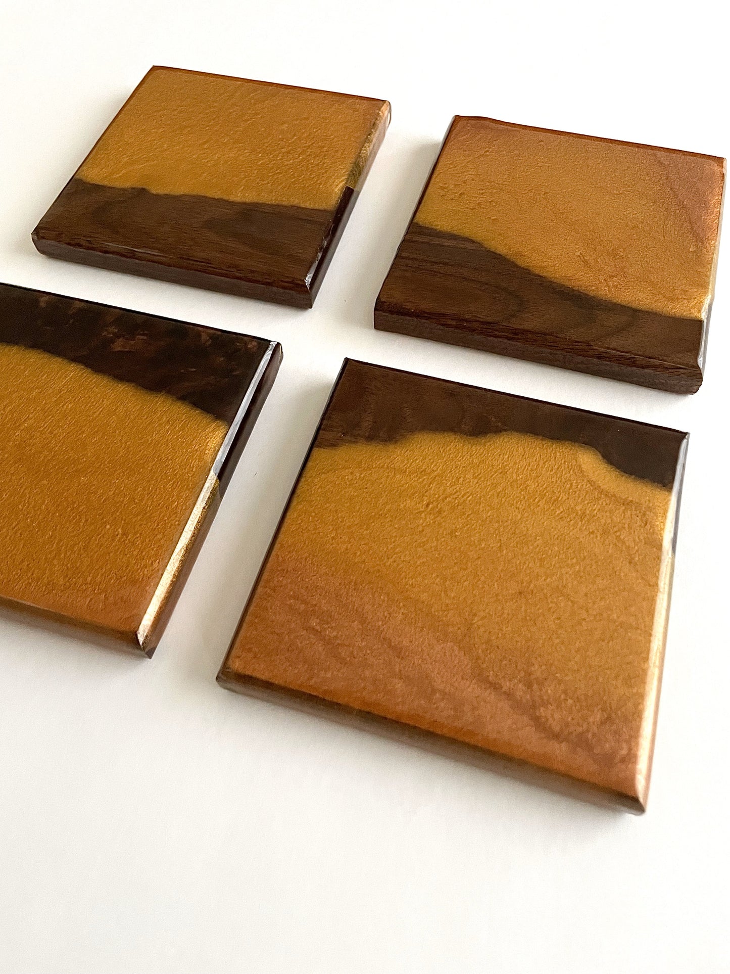 Walnut Wood Gold and Burnt Orange Coasters