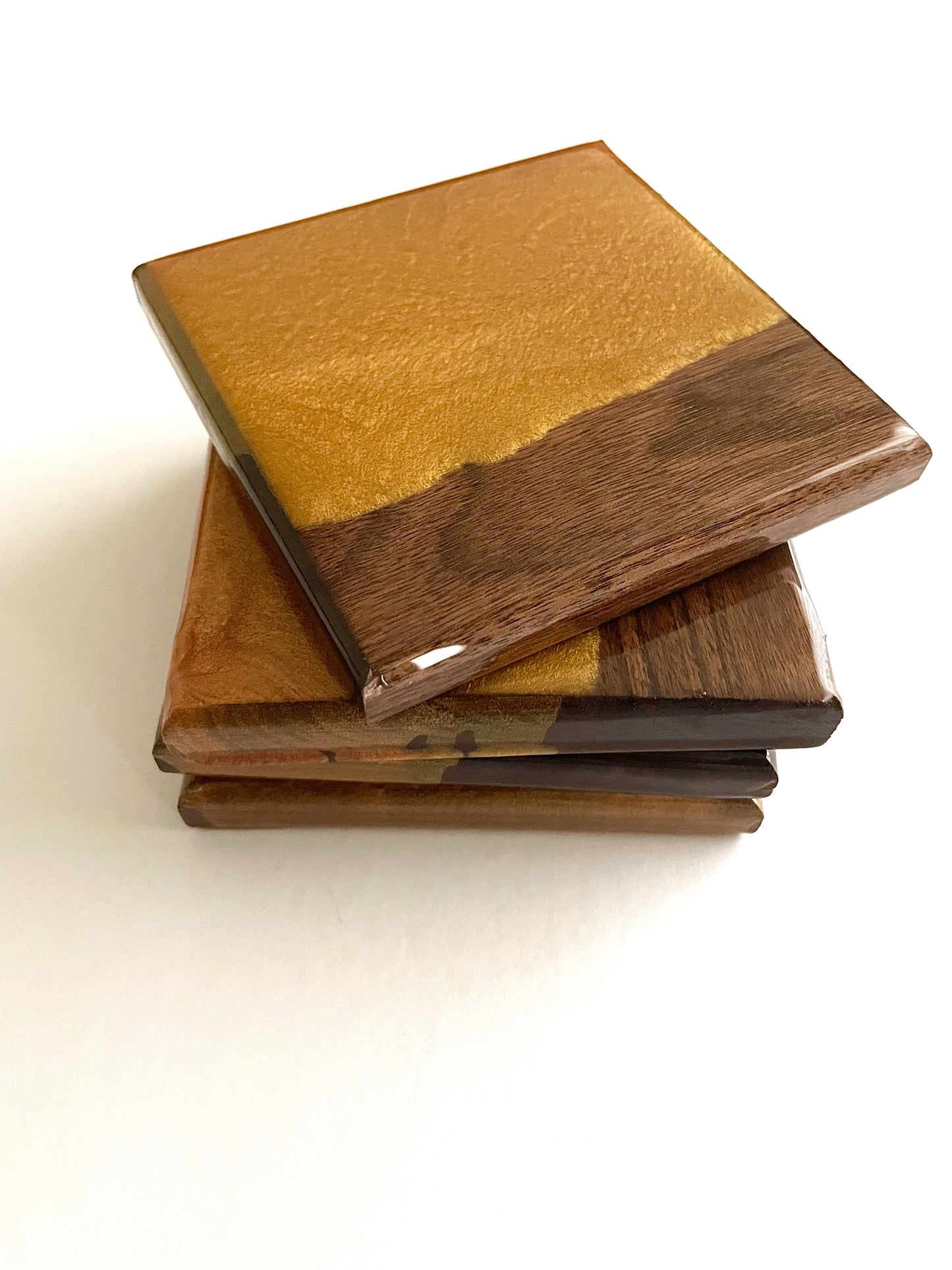 Walnut Wood Gold and Burnt Orange Coasters