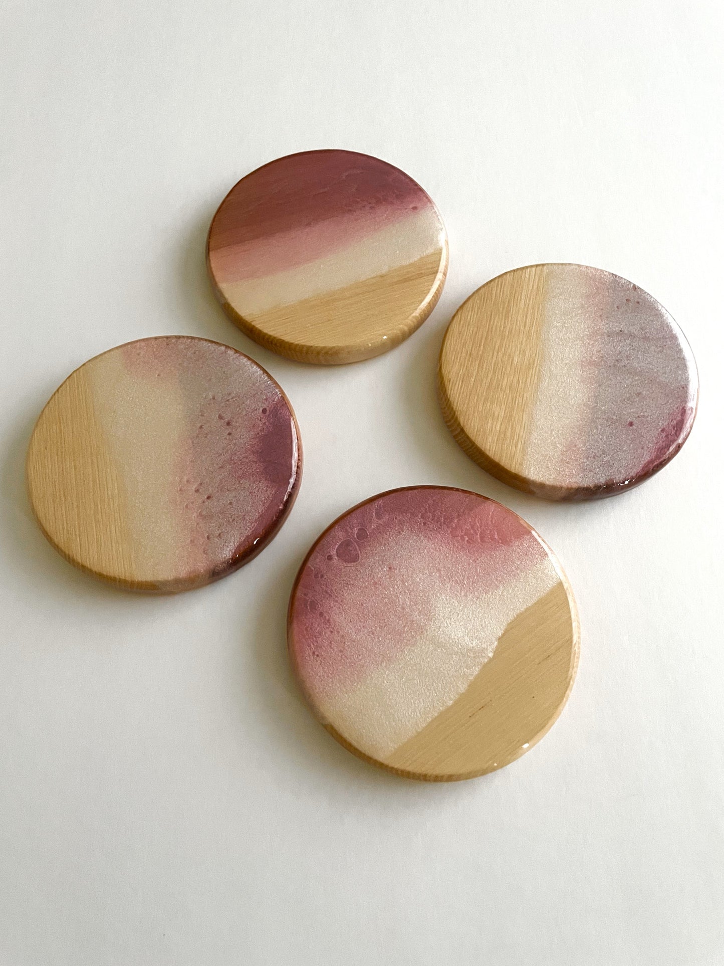 Iridescent White and Pink Wood Coasters