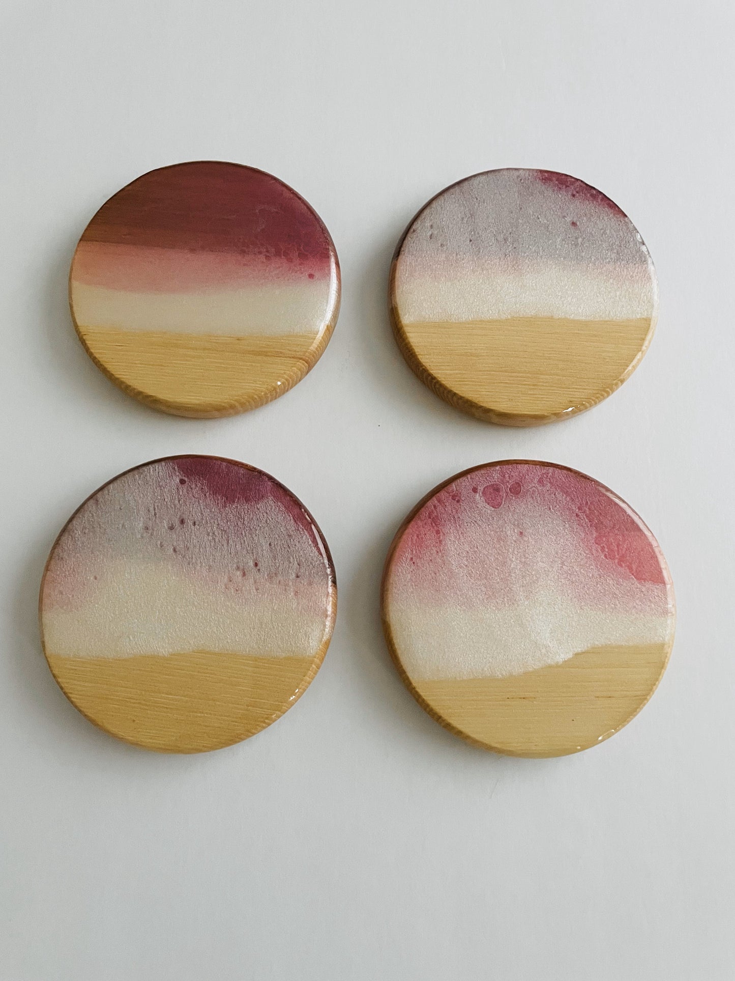 Iridescent White and Pink Wood Coasters