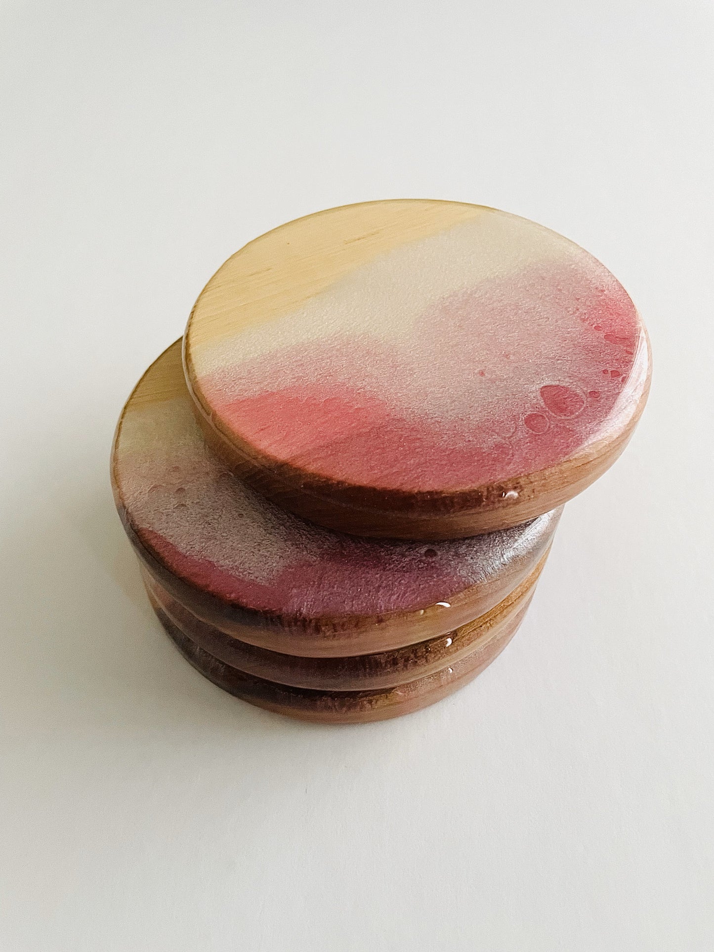 Iridescent White and Pink Wood Coasters